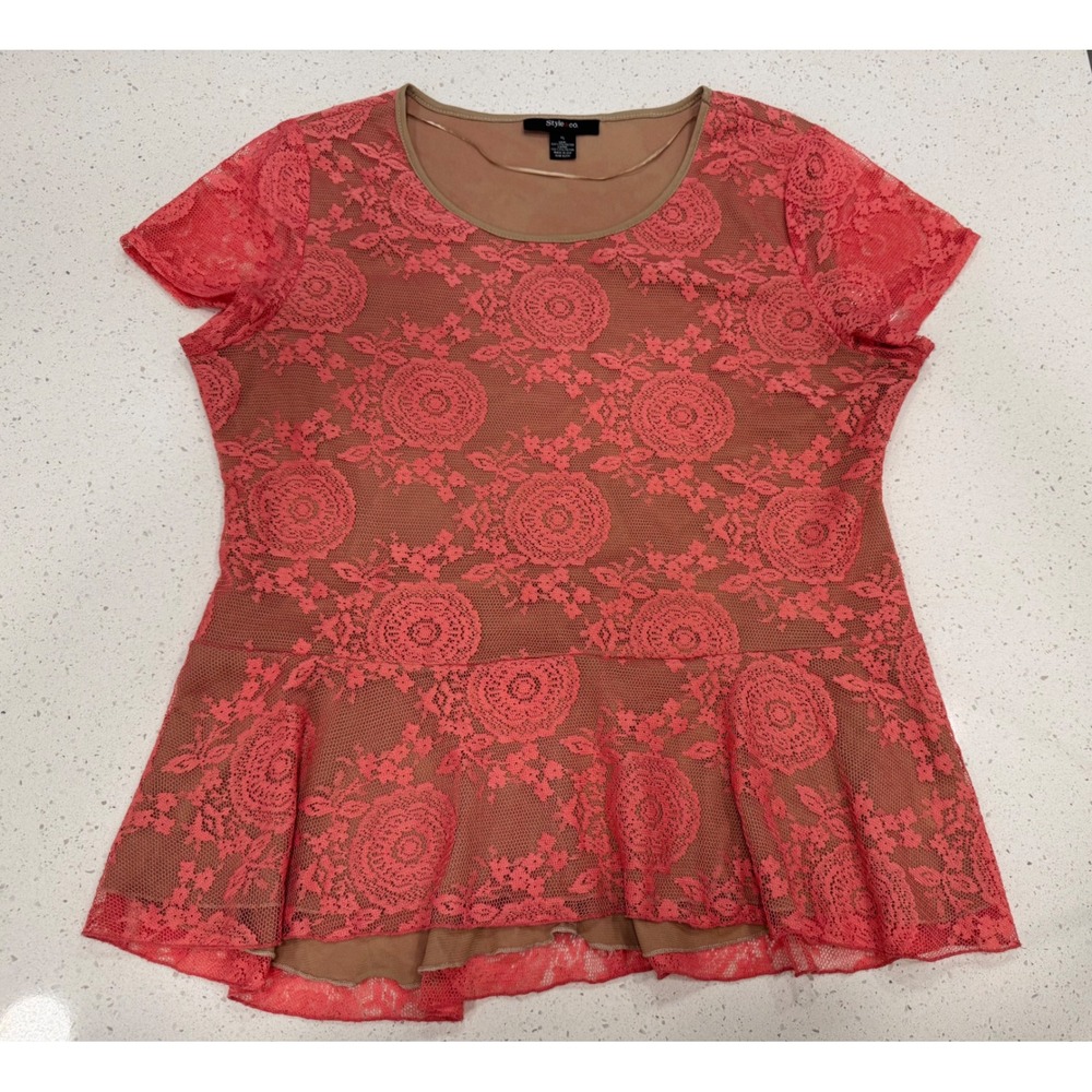 Style & Co Peplum Top Womens XL Coral Pink Excellent Floral Lace Chic Casual